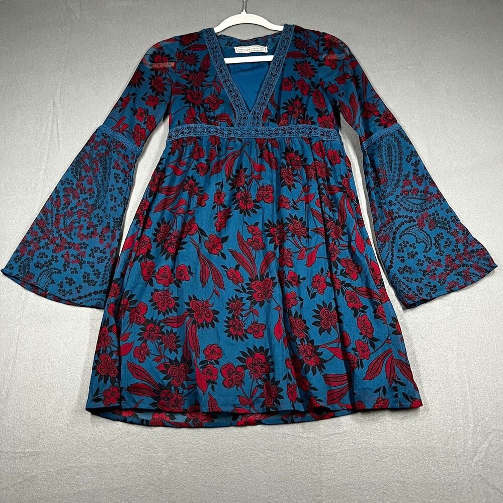 Abercrombie & Fitch XS Blue Red Black Floral V-Neck Empire Bell Mini Dress